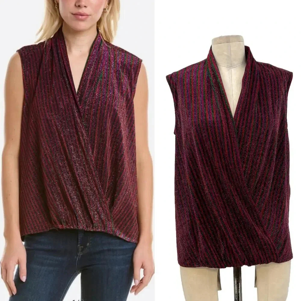 Trina Turk Sophie Top Rainbow Glitter Metallic Sleeveless Surplice Size Medium
